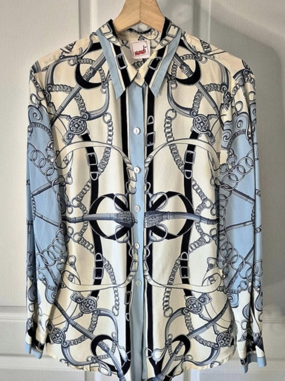 VINTAGE MONDI Equestrian Buckle Printed Blouse in Blue & White